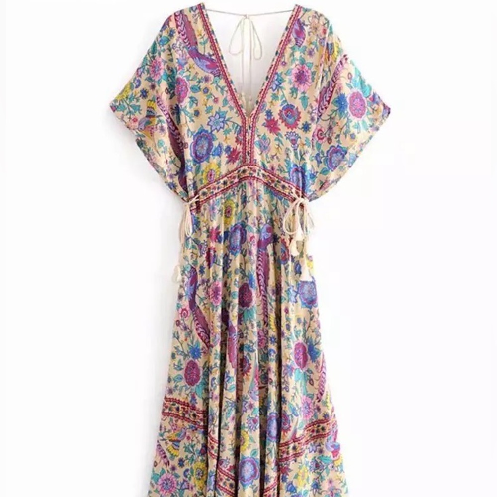 Bohemian dress floral beach maxi tie v-neck flow peacock summer multicolor rope - Picture 2 of 7